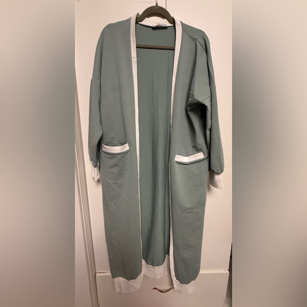 Light Sage Open-Front Long Cardigan with White Trim Size 10